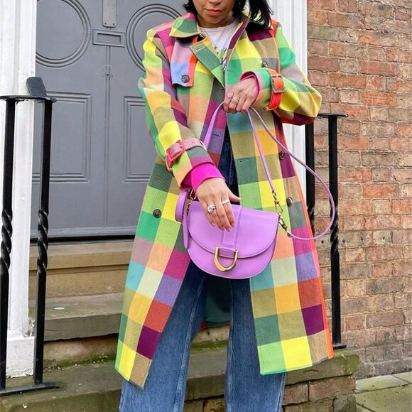 Multicolor Casual Elegant Women's Plaid Double Breasted Trench Coat with Pockets - Picture 1 of 8